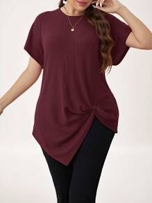 SHEIN LUNE Plus Size Summer Solid Color Round Neck Short Sleeve Casual T-Shirt With Twisted Hem - Burgundy - View 5