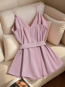 Franclia 夏季粉色V领吊带背心，浪漫休闲，腰带系带，简约都市优雅度假风吊带上衣