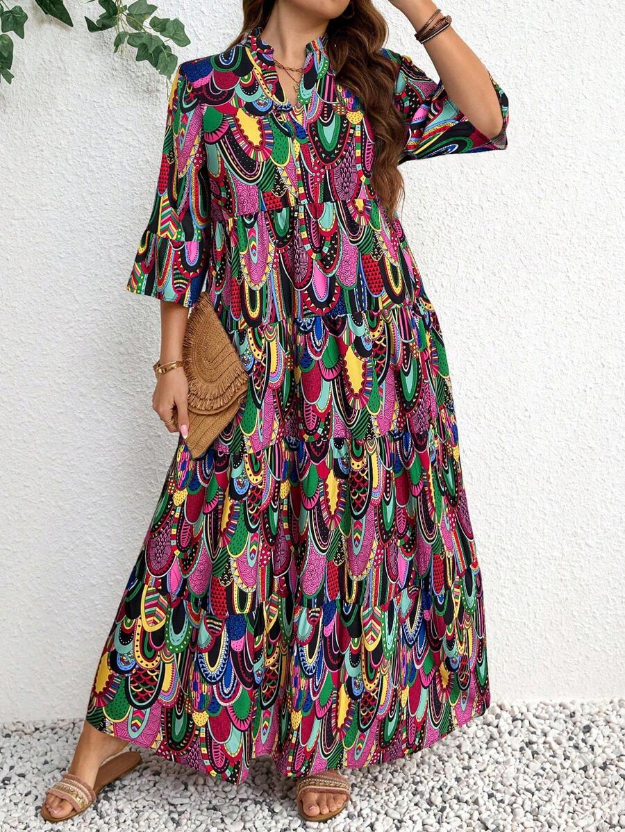 SHEIN LUNE 大码女式度假全印花V领喇叭袖时尚连衣裙