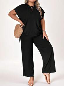 SHEIN LUNE Plus Drawstring Side Batwing Sleeve Tee & Wide Leg Trousers - Black - View 6