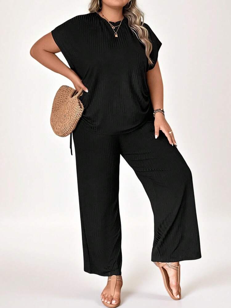 Plus Drawstring Side Batwing Sleeve Tee & Wide Leg Pants
