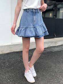 SHEIN ICON 女士休闲牛仔A字裙，夏季时尚 - 淺色水洗藍 - 查看 4
