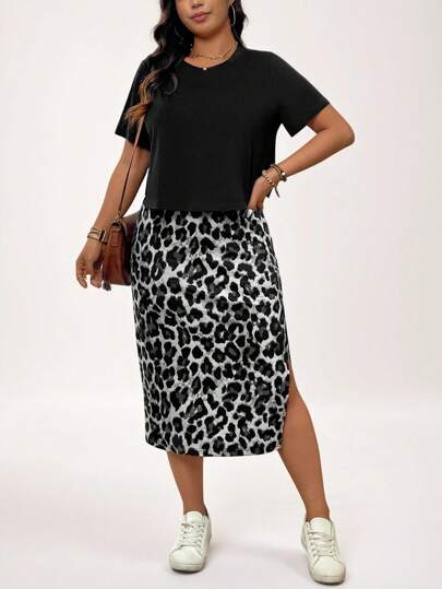 SHEIN LUNE Plus Size Women's Boho Summer Black T-Shirt + Leopard Print Side Slit Skirt Casual Women's 2 Pieces Set