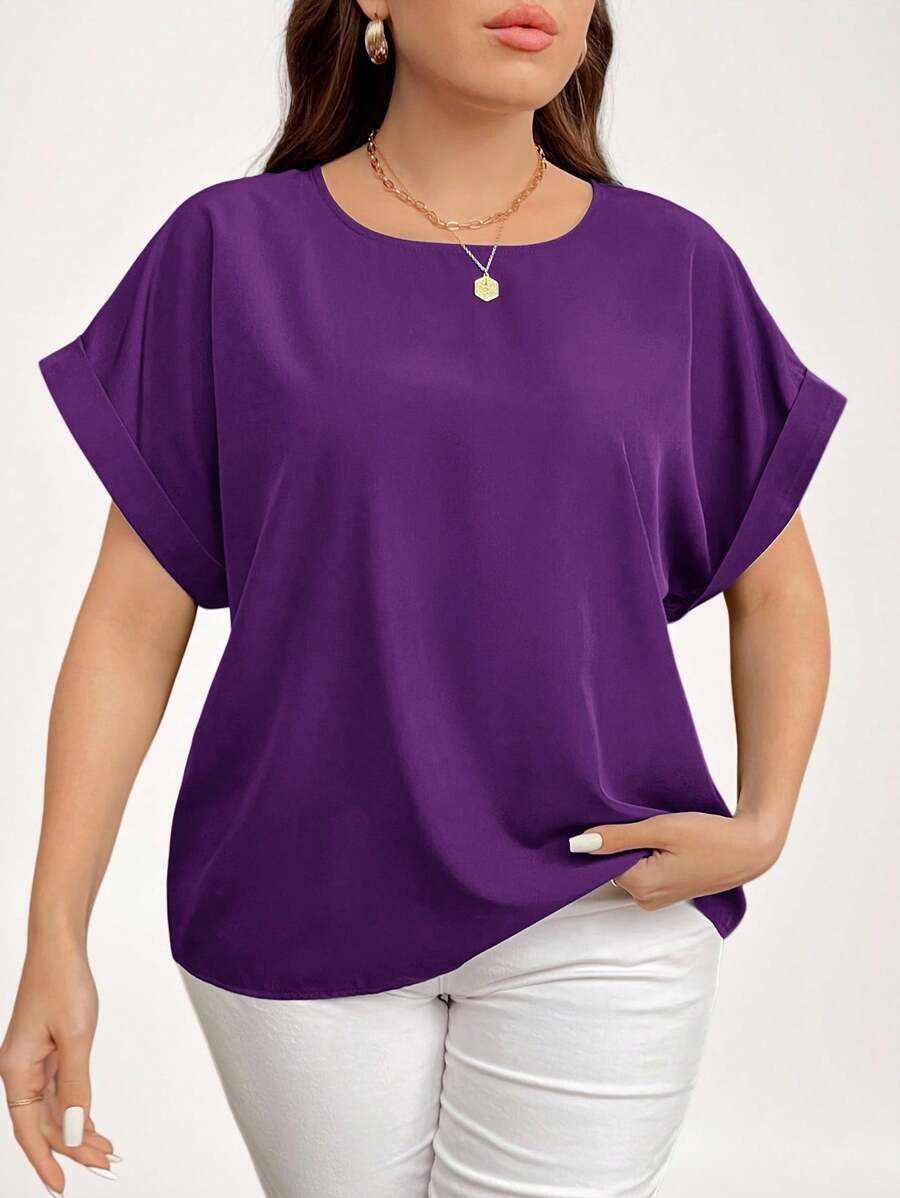 SHEIN LUNE 大码女式纯色蝙蝠袖圆领衬衫，紫色上衣情人节度假装女士夏季服装女士外出上衣女士、商务休闲女士、夏季、可爱衬衫、办公室