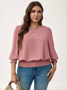 SHEIN LUNE 大码休闲纯色泡泡袖衬衫新年女装节日夏季女士度假女士情人节 - 粉色 - 查看 4