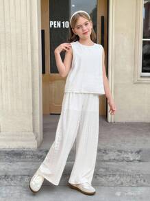 SHEIN Tween Girls Commuter Casual Jacquard Sleeveless Crew Neck Top And Straight Leg Pants Set