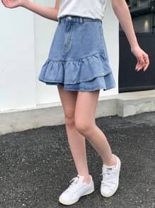 SHEIN ICON 女士休闲牛仔A字裙，夏季时尚 - 淺色水洗藍 - 查看 3