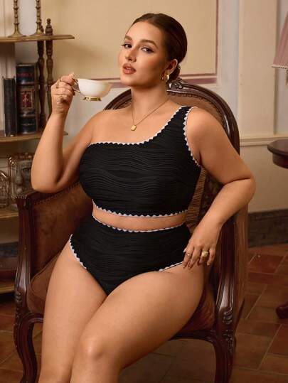 Swim Chiccia Conjunto de traje de baño de talla grande con top de traje de baño asimétrico y calzoncillos de natación triangulares, de moda para el verano