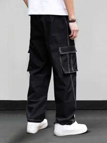 Claim Dot 男士字母印花抽绳腰部工装口袋阔腿休闲裤 - 黑色 - 查看 2