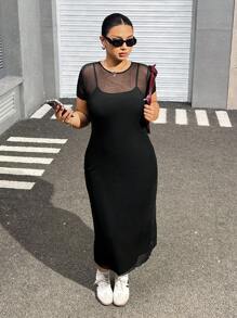 SHEIN EZwear Kích thước lớn Của phụ nữ Vòng cổ Mảnh lưới Ngắn tay Đầm Với Khối màu Thiết kế - màu đen - Xem 3