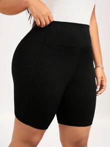 SHEIN LUNE Pantalones cortos tipo ciclista de talle alto básicos y casuales de color negro para uso diario en tallas grandes