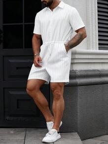 Manfinity Homme Men's Striped Short Sleeve Single Breasted Drawstring Waist Pockets Shirt & Shorts Set