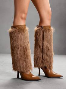 CUCCOO SZL Sexy Fashion Brown Furry Decor Pointed Toe Slim High Heel Glamorous Sexy Party Event Side Zipper Women Knee High Boots - Brown - View 5