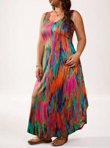 SHEIN LUNE Sommerkleid mit buntem abstraktem Muster, ärmellos, rundem Ausschnitt, große Größen, Urlaubsoutfit für Frauen, Valentinstag, Fasching, Ausgehdress für Frauen, Tops, Business-Lässig, Sommer, Süße Blusen, Büro