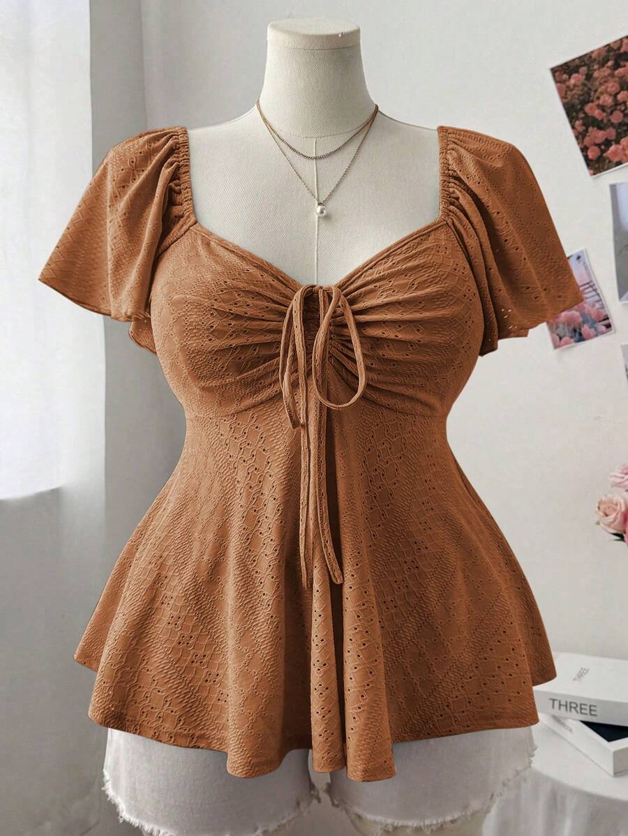 Sweetra Áo thun chữ A cổ vuông tay bồng cỡ lớn dễ thương và thanh lịch dành cho nữ - màu nâu - Xem 1
