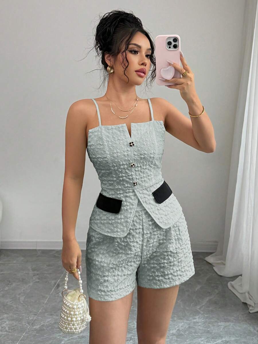 Elenzga 2pcs/Set Women Jacquard Camisole Top And Shorts Set