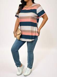 SHEIN LUNE Camiseta casual de cuello redondo, de manga corta, de talla grande, con estampado de rayas, para uso diario, otoño, viajes, aeropuerto, verano, vacaciones, primavera, para mujeres, verano, Pascua, holgada