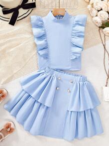 2pcs Girls Bright Orange Frill Cap Sleeve Blouse And Two-Layer Ruffle Hem Skirt Spring/Summer Formal Outfit Set - Baby Blue - View 2