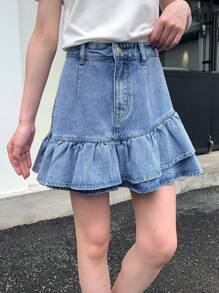 SHEIN ICON 女士休闲牛仔A字裙，夏季时尚 - 淺色水洗藍 - 查看 1