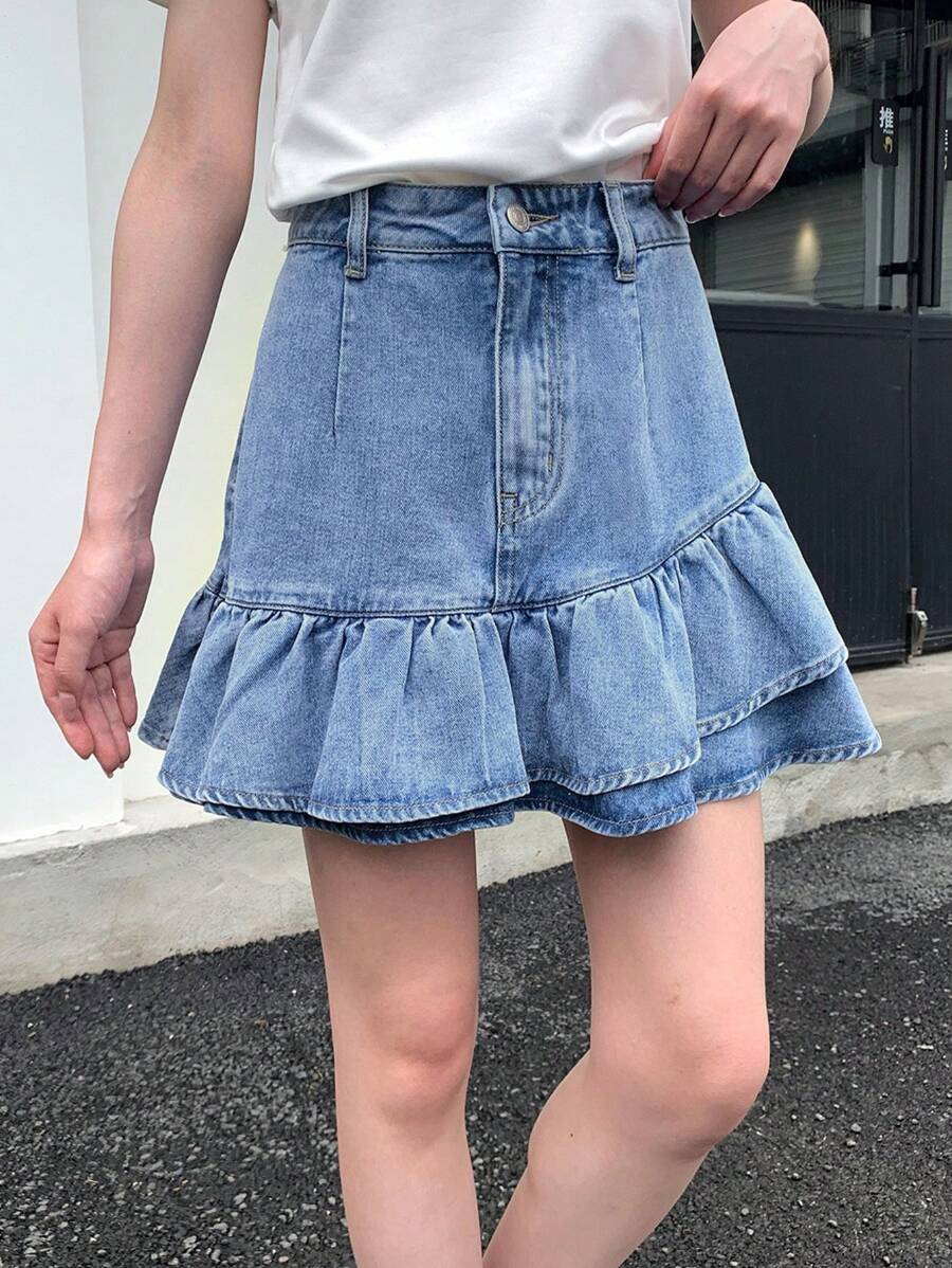 SHEIN ICON 女士休闲牛仔A字裙，夏季时尚 - 淺色水洗藍 - 查看 1