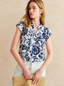 Écloséra 法式复古镂空刺绣印花盖袖立领V领白底蓝花女衬衫夏季上衣女夏装女度假装女优雅女士外出上衣夏季女短袖 - 彩色 - 查看 5