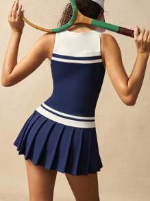 VARSIVA Women's Striped V-Neck Sleeveless Pleated Hem Casual Fitness Sports Dress