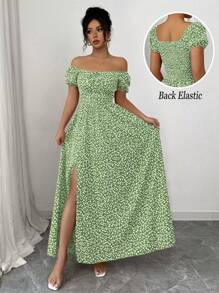 Rafferiza Calvaya 女式绿色度假浪漫优雅碎花褶皱泡泡袖收腰 A 字休闲节日情人节场合蝴蝶结后背吊带连衣裙，多种穿着风格，春夏新品毕业春季连衣裙海滩女士服装太阳开衩长款连衣裙 - 綠色 - 查看 4