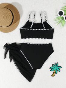 SHEIN Bikini de 3 piezas para niña preadolescente, traje de baño de unicolor de punto con concha bordada, traje de baño de moda para trajes de baño negros para trajes de baño para niñas de 14 años, ropa de verano para vacaciones - Negro - Ver 2