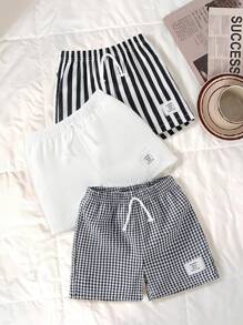 3pcs Infant & Toddler Boys' Casual Style Khaki Plaid, Black & White Striped, Solid Color Shorts, Suitable For Everyday Wear, Vacation, Outings, Summer Essential Boys Outfit Sets Baby Summer Boy Summer Clothes Baby Boys Sets Summer Clothes For Toddlers Boy Clothes For Baby Summer Summer Outfits For Baby Boy