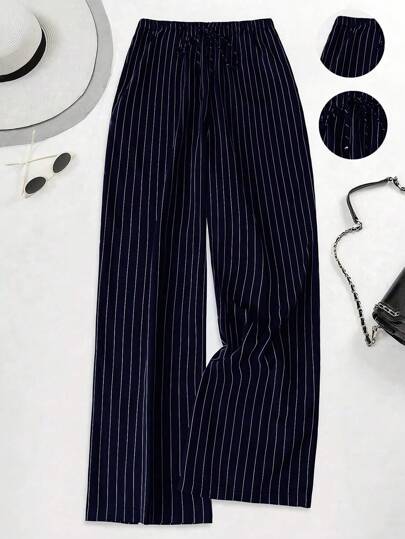 Franclia Pantalones casuales a la cintura alta a rayas para mujeres, de moda para el verano