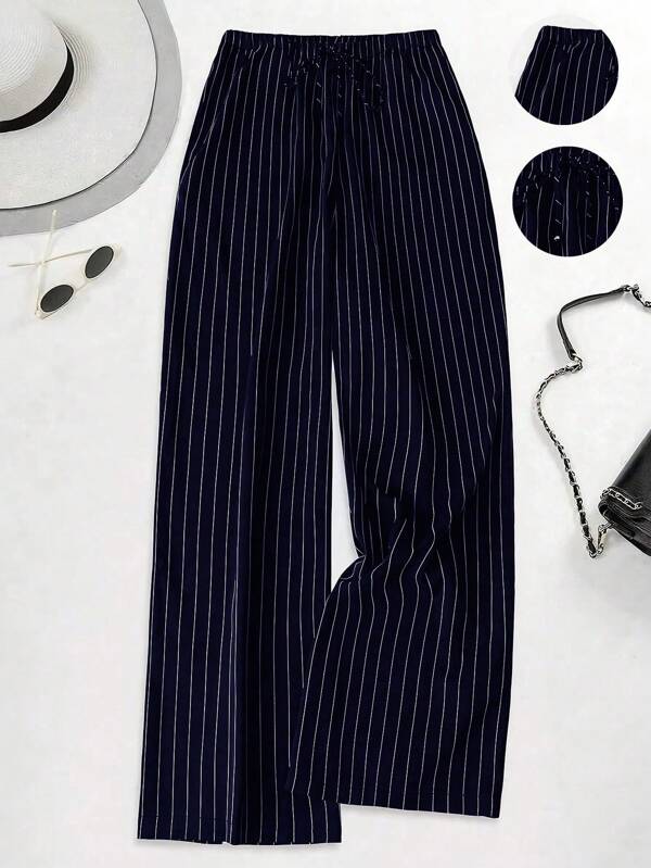 Franclia Pantalones casuales a la cintura alta a rayas para mujeres, de moda para el verano