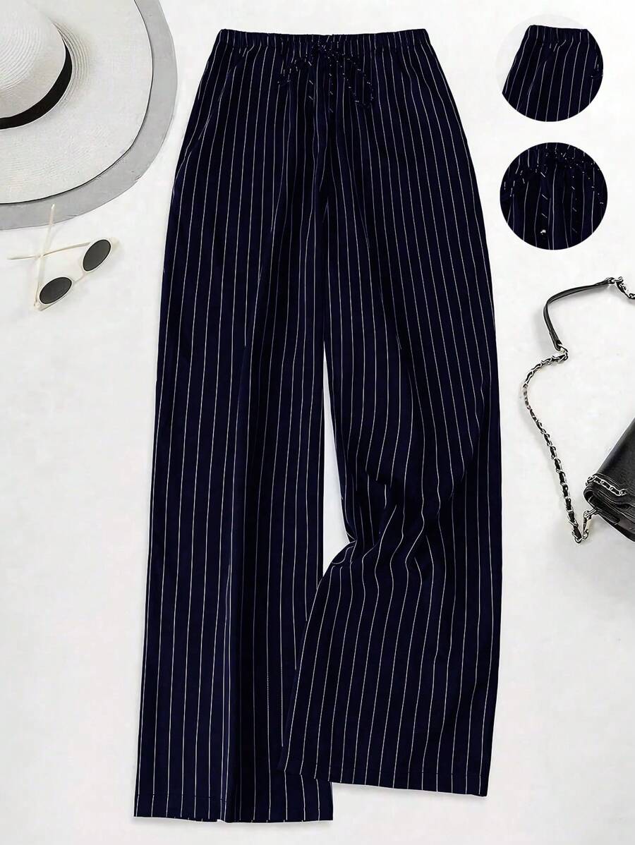 Franclia Women's High Waist Striped Casual Pants, Fashionable For Summer Fall Cloth For Women - Navy Blue - View 1