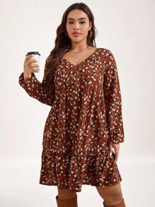 SHEIN LUNE 加大秋季服装碎花灯笼袖荷叶边下摆罩衫连衣裙秋季女装秋季婚礼宾客礼服感恩节服装节日服装节日派对礼服加大