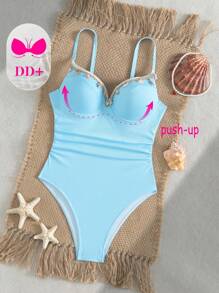 Voyashape 1pc Women's Sexy Molded Cup Waist Ruched Slimming Swimsuit With Shell Strap Decor, For Vacation For Summer - Baby Blue - View 5