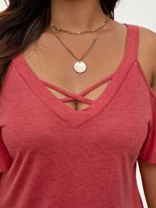 SHEIN LUNE Fashionable Solid Color Off-Shoulder T-Shirt For Plus-Size Women - Red - View 3