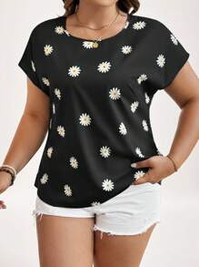 SHEIN LUNE Plus Size Women Daisy Floral Print Batwing Short Sleeve Casual Blouse Women Tops Black Shirt Fall Clothes Clothes Holiday Outfit - Black - View 3