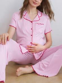 BloomMama 2pcs Maternity Short Sleeve Top And Pants Set, Casual Loungewear - Pink - View 5