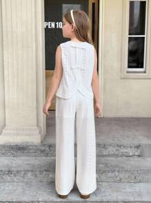 SHEIN Tween Girls Commuter Casual Jacquard Sleeveless Crew Neck Top And Straight Leg Pants Set