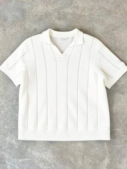 SHEIN 青少年男孩休闲街头风格舒适纹理 Polo 衫，翻领，通勤、上学、日常、度假、运动皆宜，适合春夏季