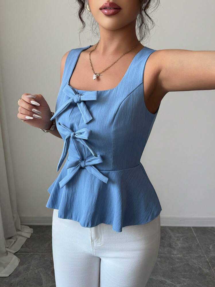 Elenzga Blusa feminina versátil com estampa de laço e bainha com babados e manga curta - Azul - Ver 3