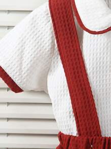 Souflis Souflis 男婴两件套：纯色华夫格白色衬衫，杏色滚边和领口，短袖纽扣衬衫 + 杏色华夫格背带裤，可调节肩带，休闲套装，适合街头、运动、居家穿着。复古男婴服装，优雅男婴服装，男婴优雅服装，男婴背带裤，男婴连体衣。 - 酒紅色 - 查看 5