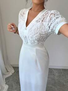 Elenzga V-Neck Splicing Elegant Puff Sleeve Waist Cinching Dress