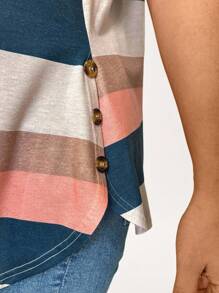 SHEIN LUNE Camiseta casual de cuello redondo, de manga corta, de talla grande, con estampado de rayas, para uso diario, otoño, viajes, aeropuerto, verano, vacaciones, primavera, para mujeres, verano, Pascua, holgada
