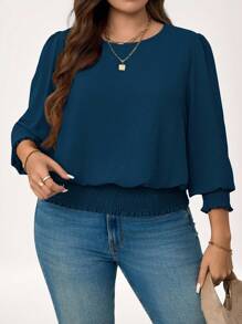 SHEIN LUNE Plus Size Casual Solid Color Puff Sleeve Blouse New Years Women Holiday Mother Day Summer Simple & Fashionable - Teal Blue - View 4