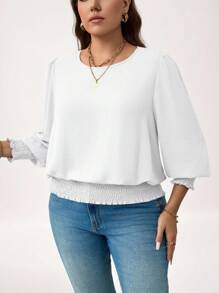 SHEIN LUNE Plus Size Casual Solid Color Puff Sleeve Blouse New Years Women Holiday Valentine Day Vacation Woman Summer For Women Top