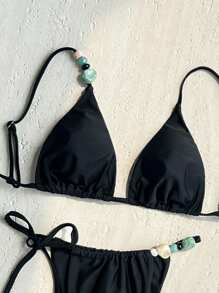 Bonvoyette Bộ bikini nữ màu đen bãi biển resort 2 mảnh, thắt nút bên hông, cắt cao, đính hạt trơn màu mới - màu đen - Xem 5