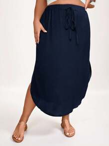 SHEIN LUNE Plus Tie Waist Curved Hem Solid Skirt - Navy Blue - View 3