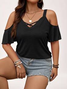 SHEIN LUNE Plus Size Casual Solid Color Open Shoulder Camisole T-Shirt Summer - Black - View 4