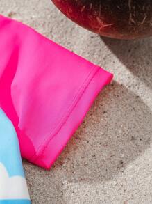 BABY SHARK X SHEIN Traje de baño de una pieza con estampado de tiburón de dibujos animados y mangas raglan para niña en estilo de vacaciones de playa de verano