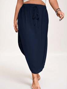 SHEIN LUNE Plus Tie Waist Curved Hem Solid Skirt - Navy Blue - View 7